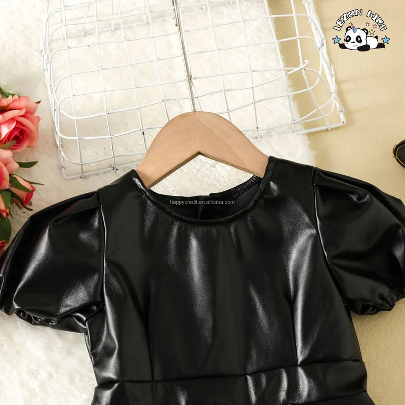 LEZONKIDS - Fashion Custom Patch Black Ruffle Puff Sleeve Pleated Leather Dress Girls PU Dress for Summer